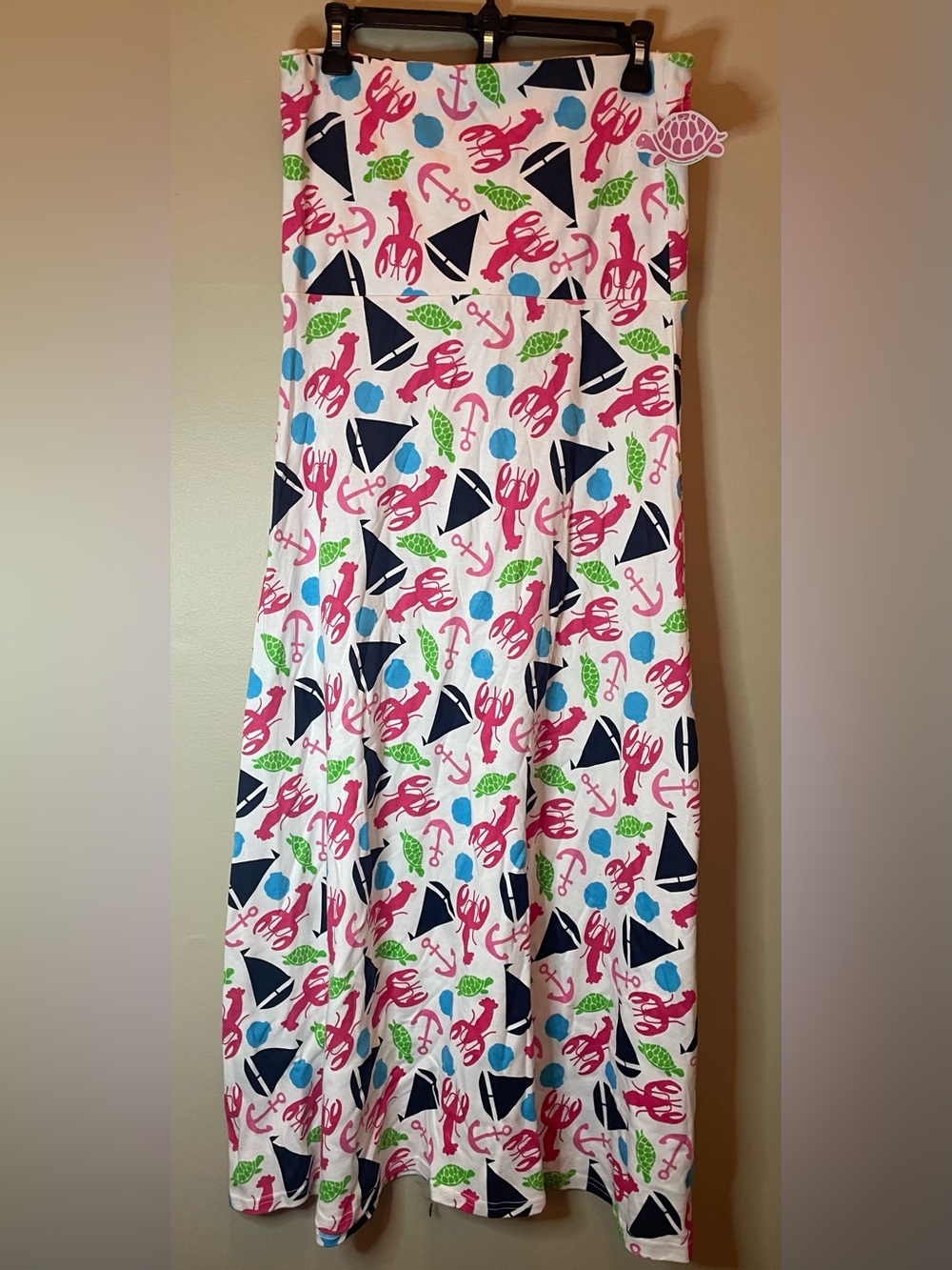 NEW Pink, Navy, Green Nautical Print Cotton Strapless Dress Boats Lobsters Beach